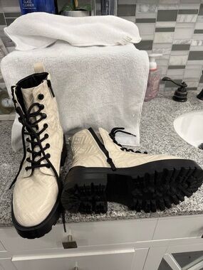G by Guess Ivory Lace-Up Combat Boots with Black Lug Sole